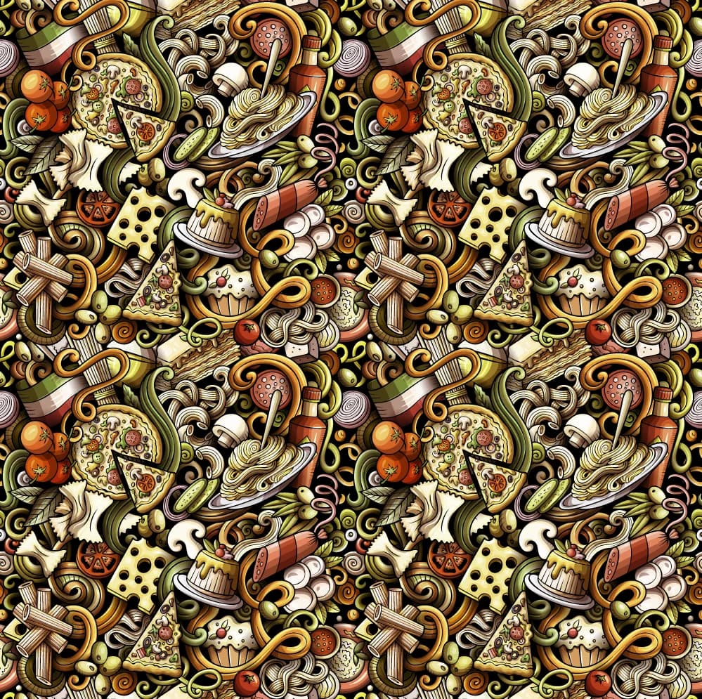 Seamless illustrated pattern of Italian foods including pasta, cheese, olives, wine, and herbs