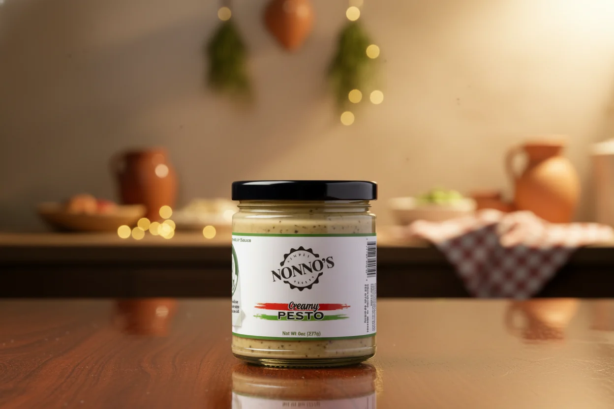 Simply Nonno's Creamy Pesto jar labeled Net Wt. 8 oz (227 g)